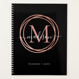 Modern Black Rose Gold Blush Pink Monogram Circle Planer