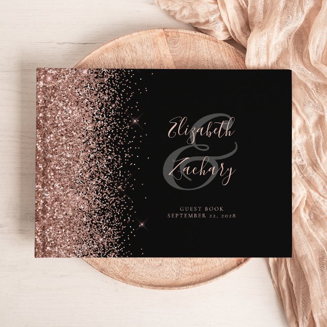 Modern Black Rose Gold Glitzer Script Gästebuch (Von Creator hochgeladen)