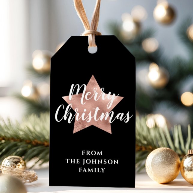 Modern Black Rose Gold Star Weihnachten Geschenkanhänger (Modern Black Rose Gold Star Christmas Gift Tags)