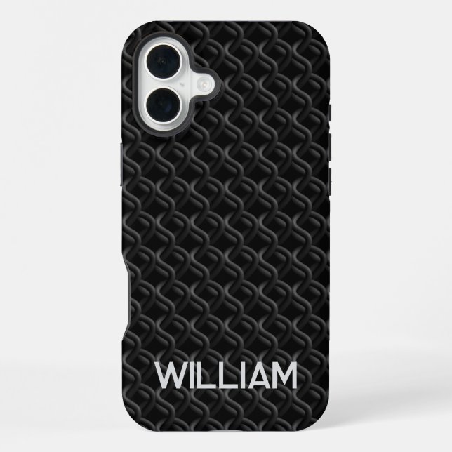 Modern Black Rubber Lattice with Name iPhone 16 Plus Hülle (Rückseite)
