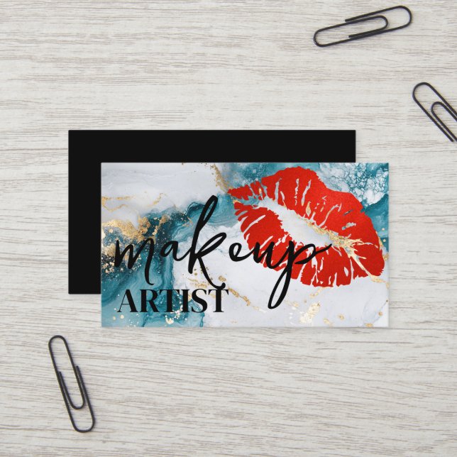 Modern Black Salon Red Lips Makeup Artist Visitenkarte (Vorderseite/Rückseite Beispiel)