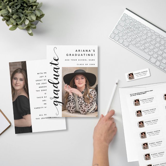Modern Black Script 2 Photo Graduation Ankündigung (Von Creator hochgeladen)
