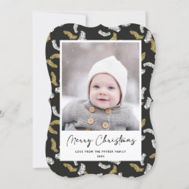 Modern Black Script Gold Pine Mistletoe Weihnachte Feiertagskarte