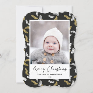 Modern Black Script Gold Pine Mistletoe Weihnachte Feiertagskarte