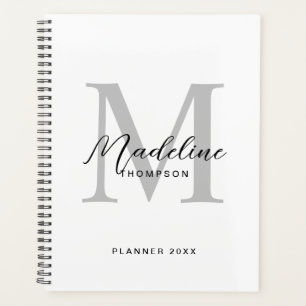 Modern Black Script White Gray Initial Monogram Planer
