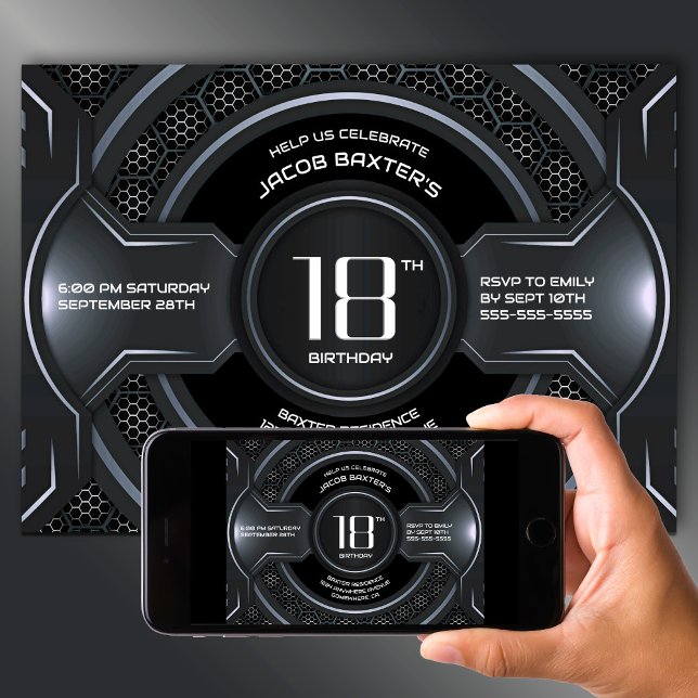 Modern Black Silver 18. Geburtstagsparty Einladung (Von Creator hochgeladen)