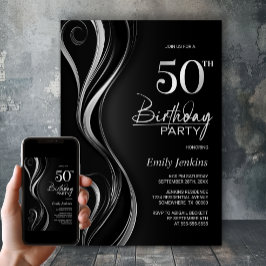 Modern Black Silver 50. Geburtstagsparty Einladung