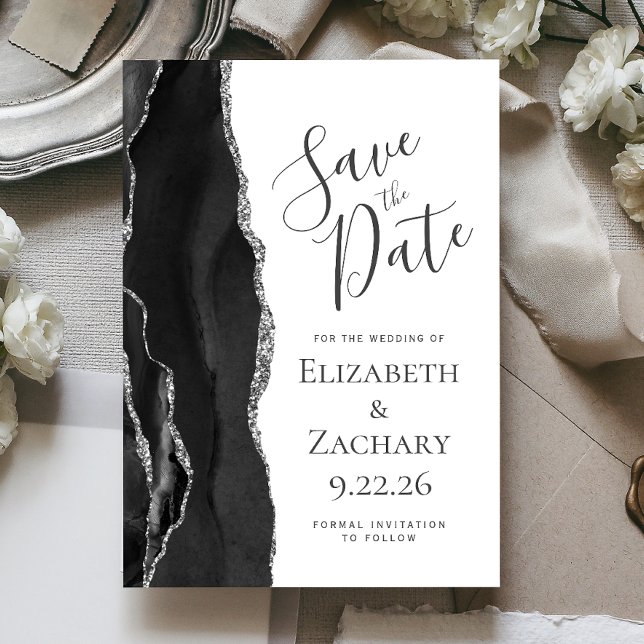 Modern Black Silver Agate Save the Date Card (Von Creator hochgeladen)