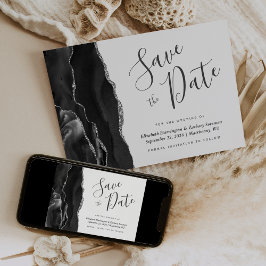 Modern Black Silver Agate Save the Date Card Einladung