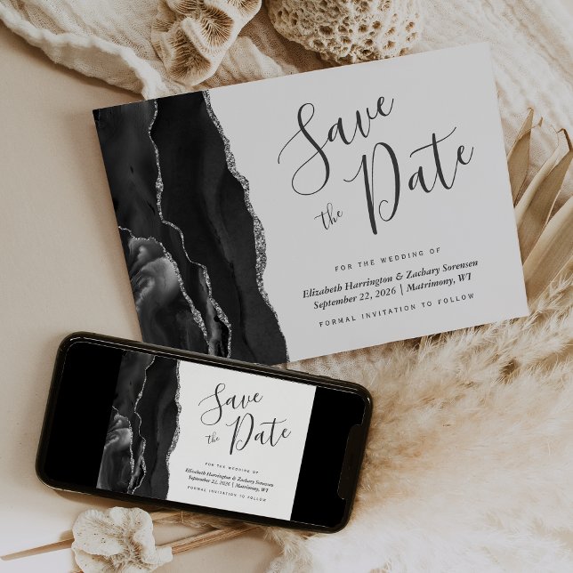 Modern Black Silver Agate Save the Date Card Einladung (Von Creator hochgeladen)