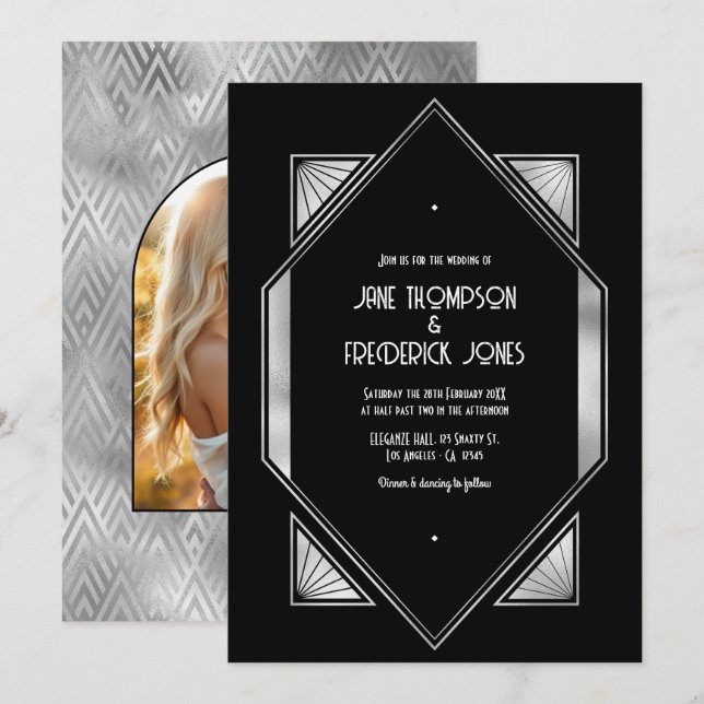 Modern Black & Silver Gatsby Art Deco Wedding Einladung (Vorne/Hinten)