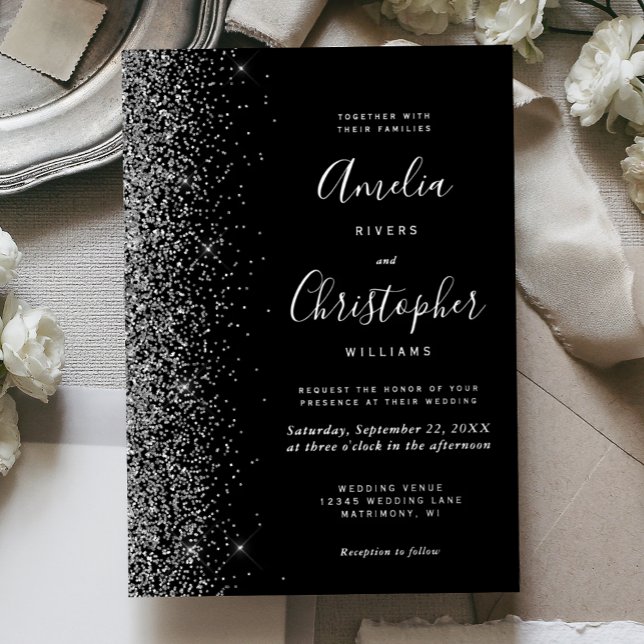 Modern Black Silver Glitter Edge Wedding Folieneinladung (Von Creator hochgeladen)