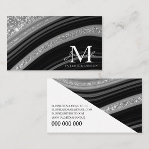 Modern Black Silver Glitzer Marbour Agate Monogram Visitenkarte