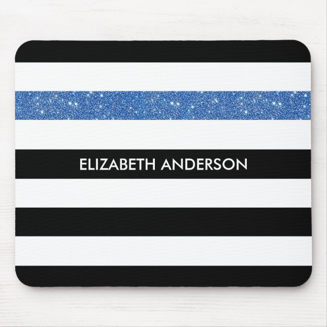 Modern Black Stripes IMITATE Blue Glitz und Name Mousepad (Vorne)