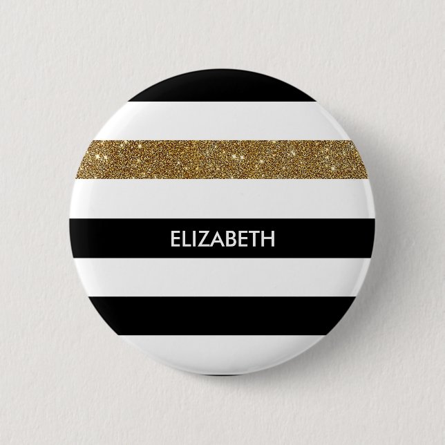 Modern Black Stripes IMITATE Gold Glitz und Name Button (Vorderseite)