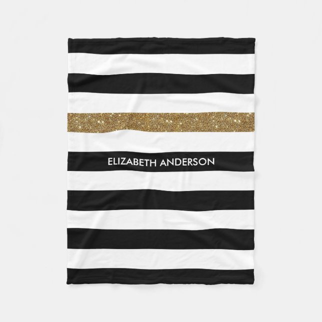Modern Black Stripes IMITATE Gold Glitz und Name Fleecedecke (Vorderseite)