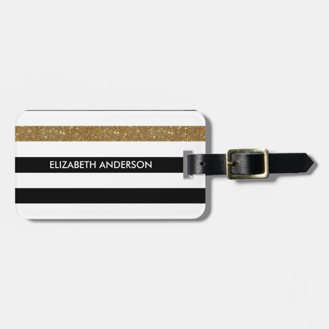 Modern Black Stripes IMITATE Gold Glitz und Name Gepäckanhänger (Vorderseite horizontal)
