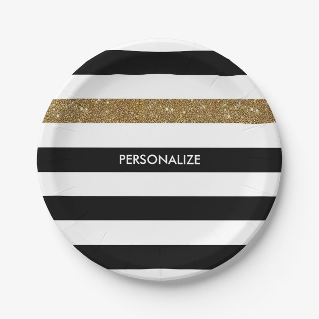 Modern Black Stripes IMITATE Gold Glitz und Name Pappteller (Vorderseite)