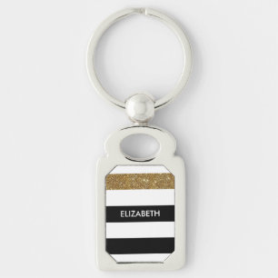 Modern Black Stripes IMITATE Gold Glitz und Name Schlüsselanhänger