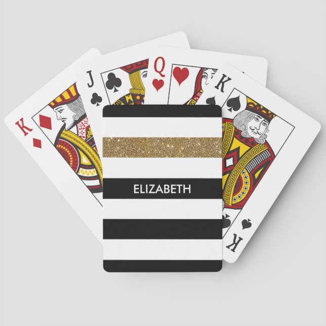Modern Black Stripes IMITATE Gold Glitz und Name Spielkarten (Rückseite)