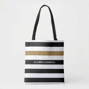 Modern Black Stripes IMITATE Gold Glitz und Name Tasche