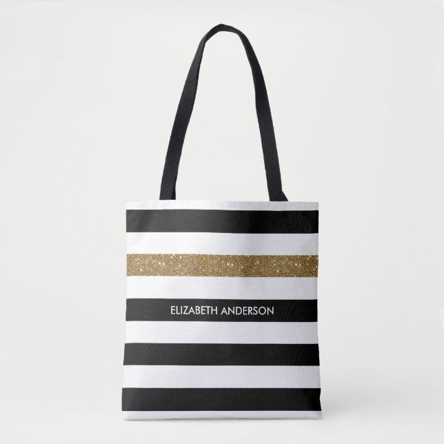 Modern Black Stripes IMITATE Gold Glitz und Name Tasche (Vorderseite)