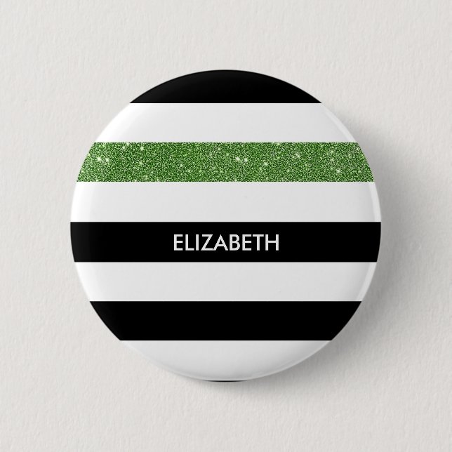 Modern Black Stripes IMITATE Green Glitz und Name Button (Vorderseite)