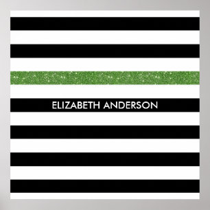 Modern Black Stripes IMITATE Green Glitz und Name Poster