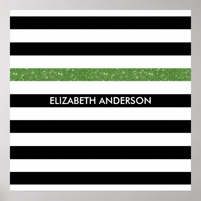 Modern Black Stripes IMITATE Green Glitz und Name Poster (Vorne)