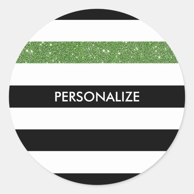 Modern Black Stripes IMITATE Green Glitz und Name Runder Aufkleber (Vorderseite)