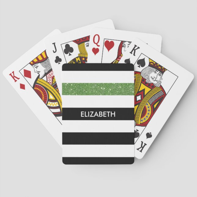 Modern Black Stripes IMITATE Green Glitz und Name Spielkarten (Rückseite)