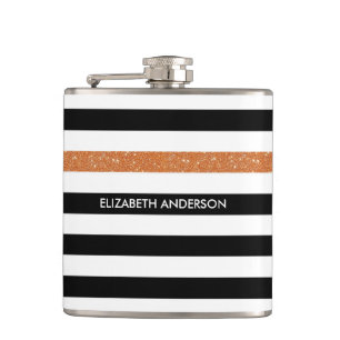 Modern Black Stripes IMITATE Orange Glitz und Name Flachmann