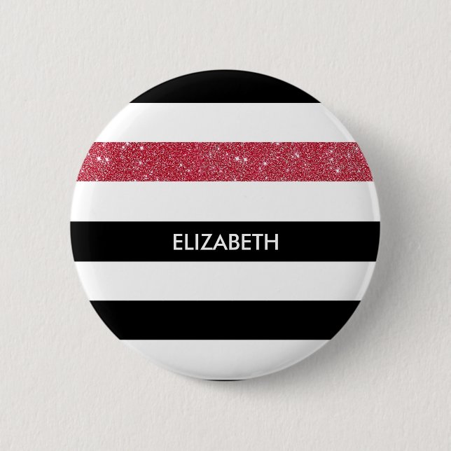 Modern Black Stripes IMITATE Red Glitz und Name Button (Vorderseite)