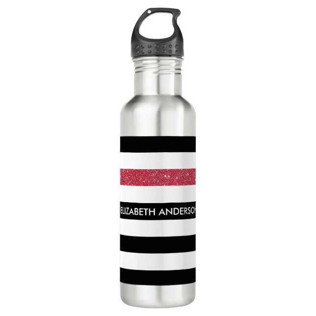 Modern Black Stripes IMITATE Red Glitz und Name Trinkflasche (Vorderseite)