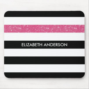 Modern Black Stripes IMITATE Rosa Glitz und Name Mousepad