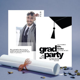 Modern Black Typography & Tassel Grad Party Photo Einladung