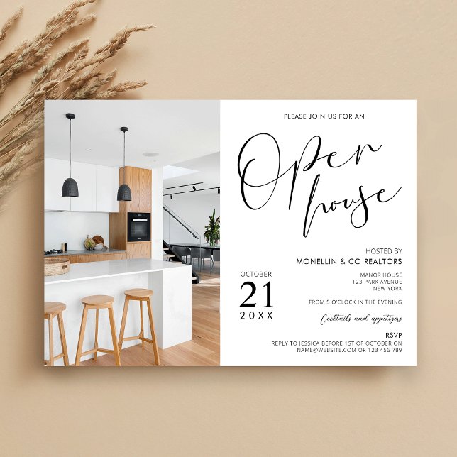 Modern Black & White Business Open House Photo Einladung (Minimalist open house invitation with space for one large photo)
