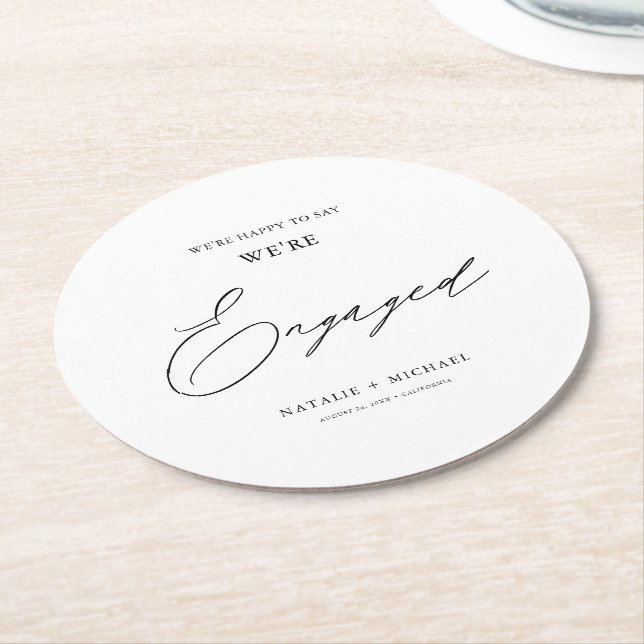 Modern Black & White Calligraphy Engagement Party Runder Pappuntersetzer (Angewinkelt)