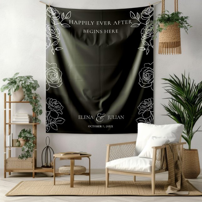 Modern Black & White French Roses Wedding Tapestry Wandteppich (Von Creator hochgeladen)