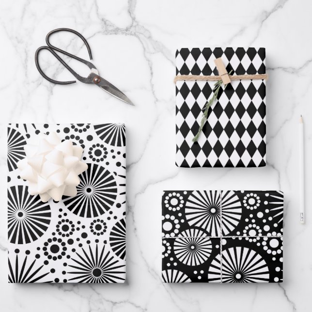 Modern Black White Geometric Starburst Harlequin Geschenkpapier Set (Vorderseite)