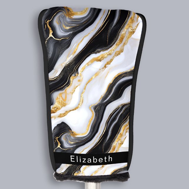 Modern Black White Gold Marble Personalized Golf Headcover (Von Creator hochgeladen)