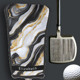 Modern Black White Gold Marble Personalized Golf Headcover