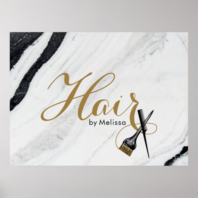 Modern Black & White Marble Gold Hair Stylist Poster (Vorne)