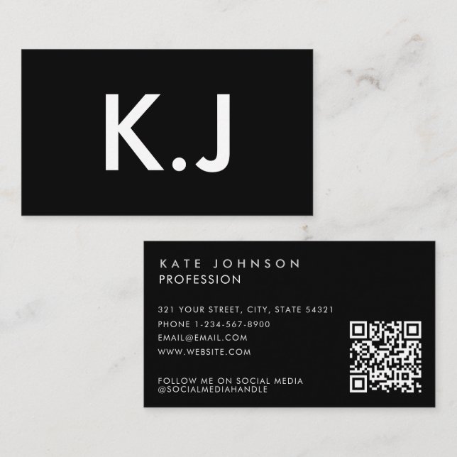 Modern Black White Minimalist QR Code Monogram Visitenkarte (Vorne/Hinten)
