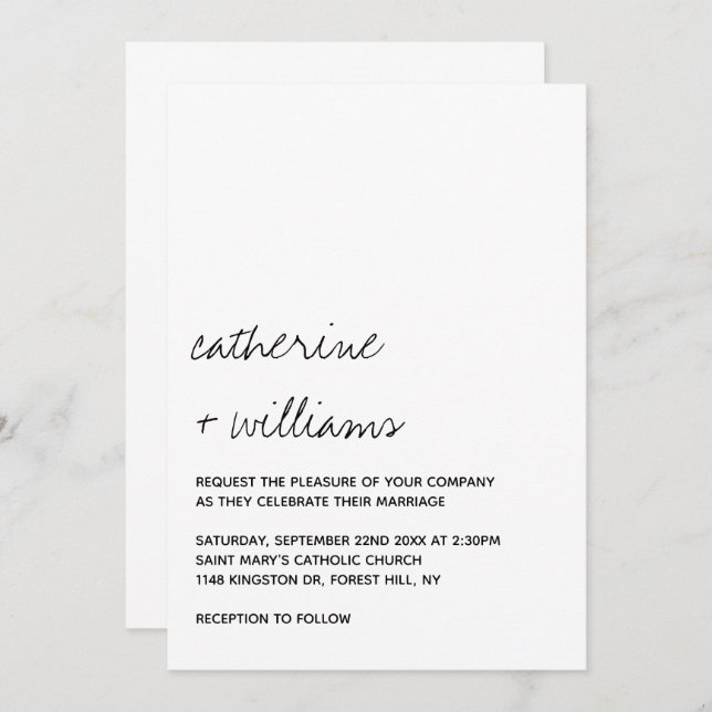 Modern Black & White Minimalist Script Wedding Einladung (Vorne/Hinten)