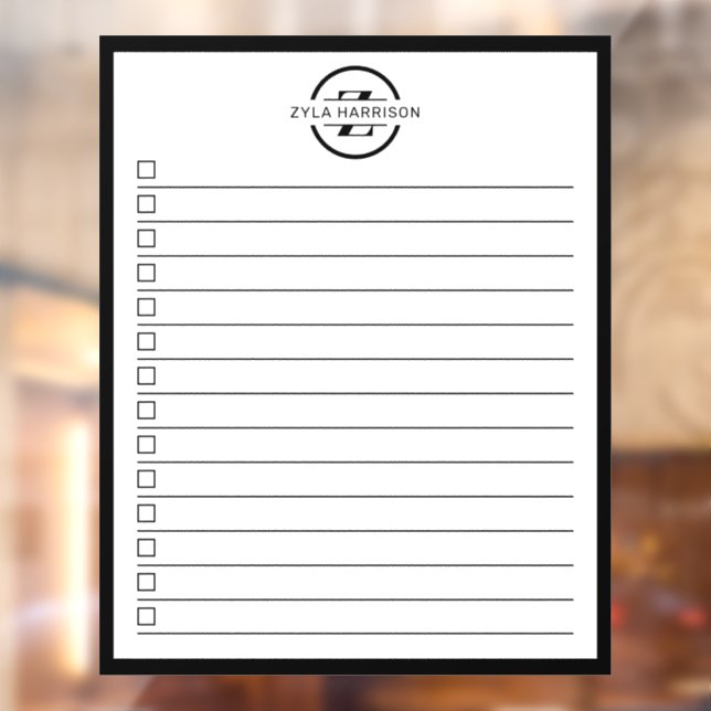 Modern Black White Monogram Name To Do List Fensteraufkleber (Blatt 2)