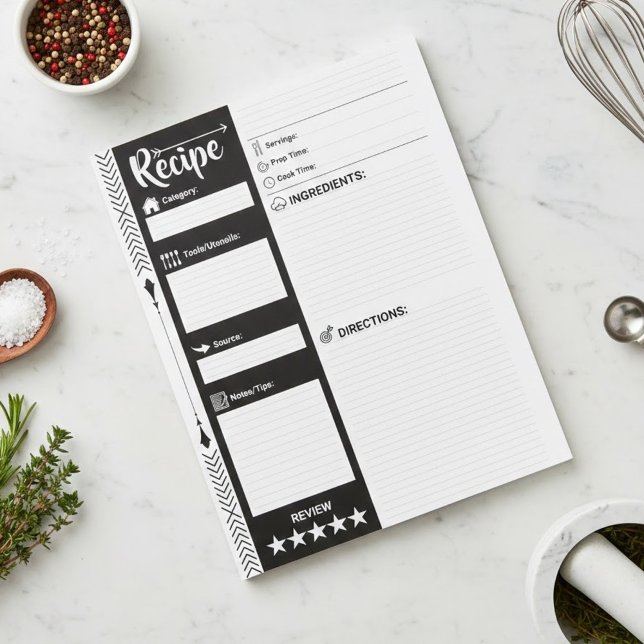  Modern Black & White Sheets | Blank Recipe Pages Notizblock (Blank Cooking Paper for DIY Cookbook & Personalized Meal Organizer | 40 sheets | Family Owned Brand)
