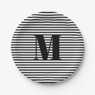 Modern black white stripes custom monogram initial pappteller