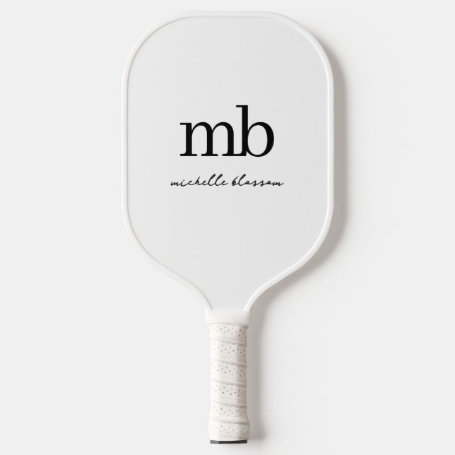 Modern Black White Trendy Script Initial Monogram Pickleball Schläger (Vorderseite)