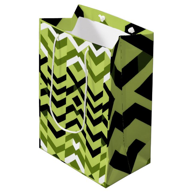 Modern Black White Wasabi Geometric Sharp Art Mittlere Geschenktüte (Vorderseite Schrägansicht)